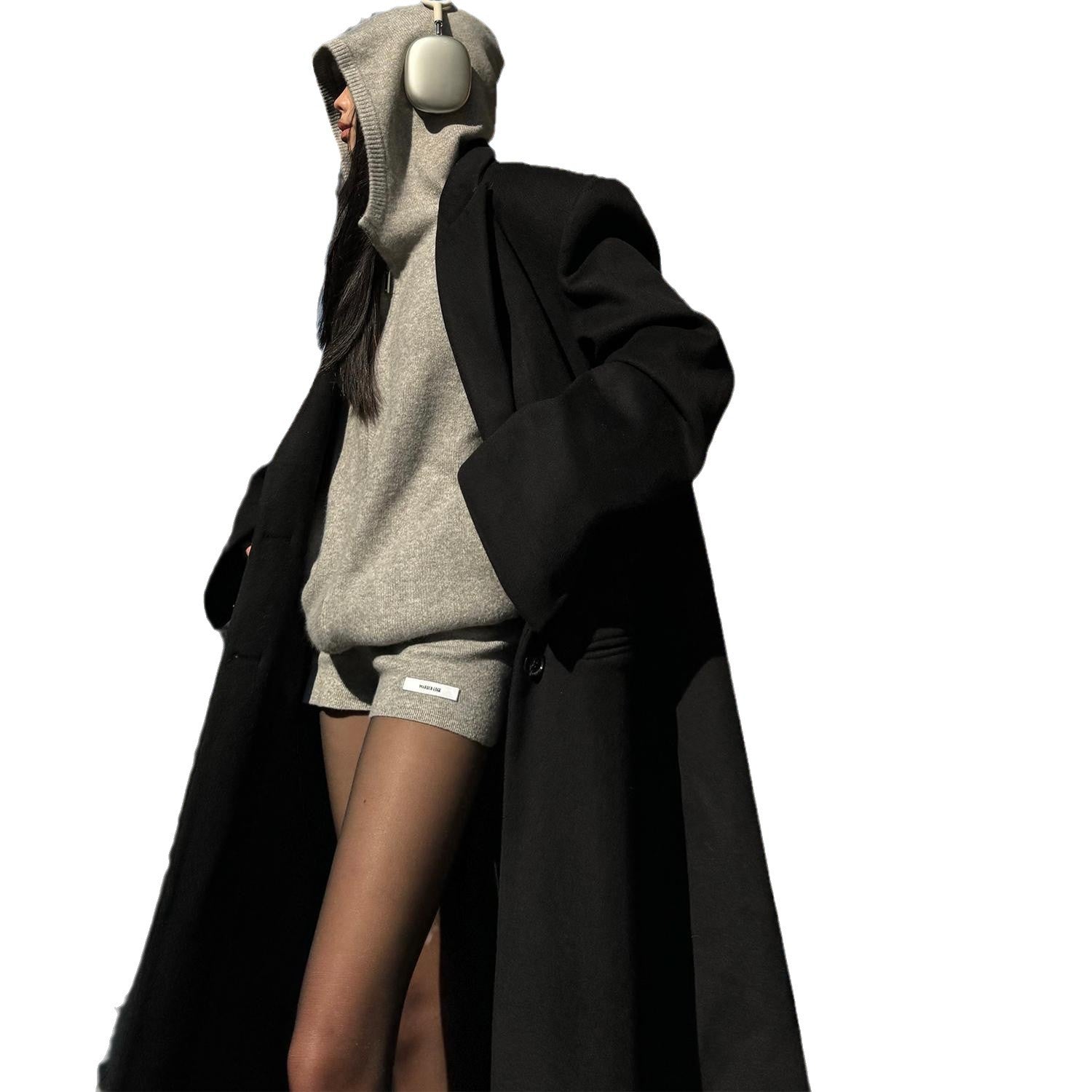 Gray Hooded Autumn and Winter Lazy Style Knitted Cardigan Zipper Set