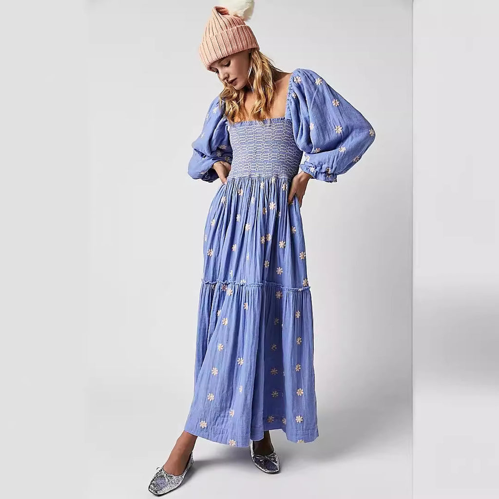 Trumpet sleeve embroidered square neck sunflower swing dress