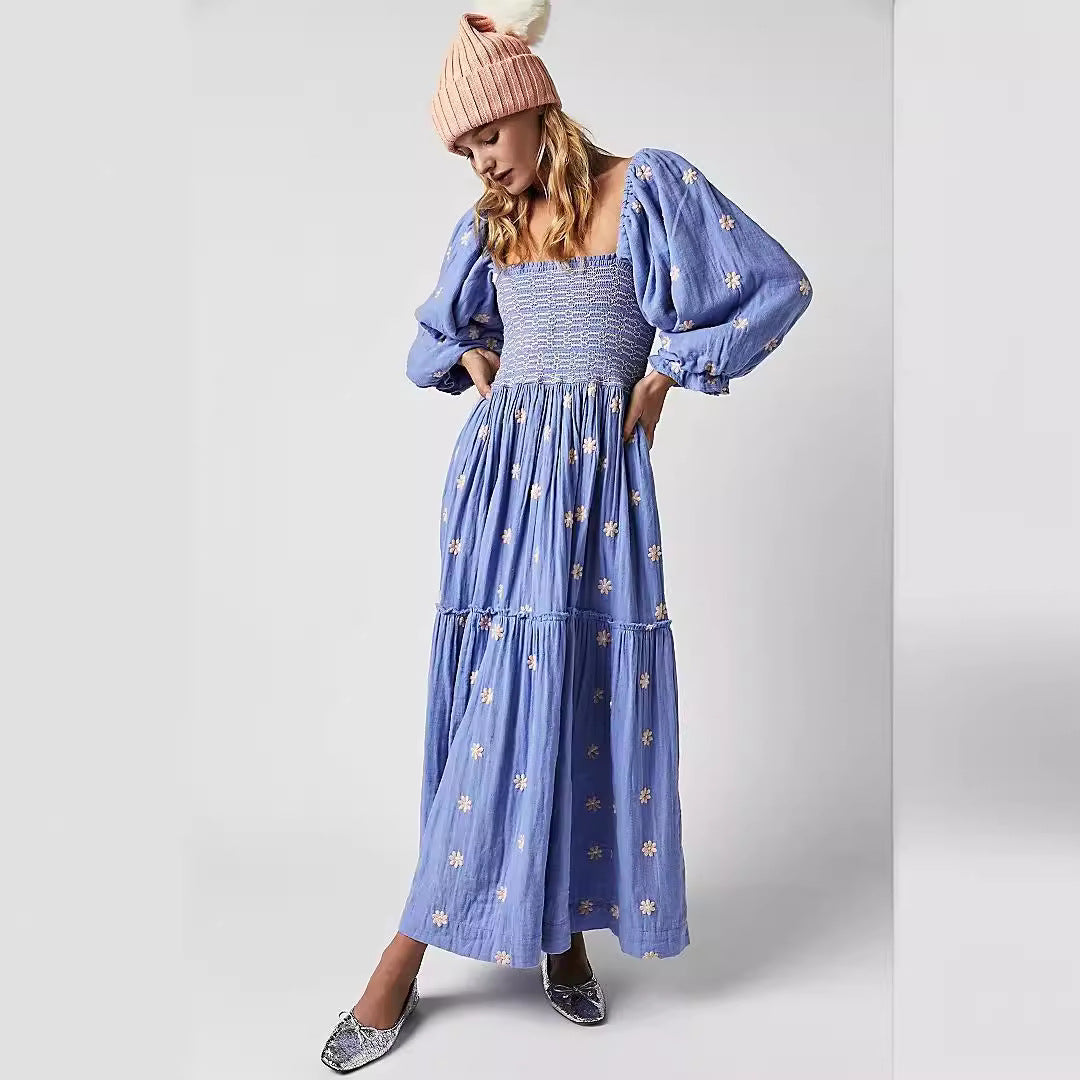 Trumpet sleeve embroidered square neck sunflower swing dress