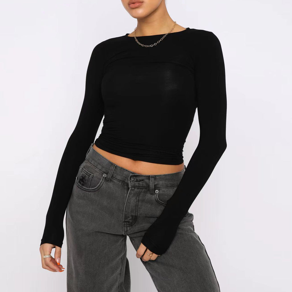 Solid color bottoming round neck slim fit long sleeve top T-shirt