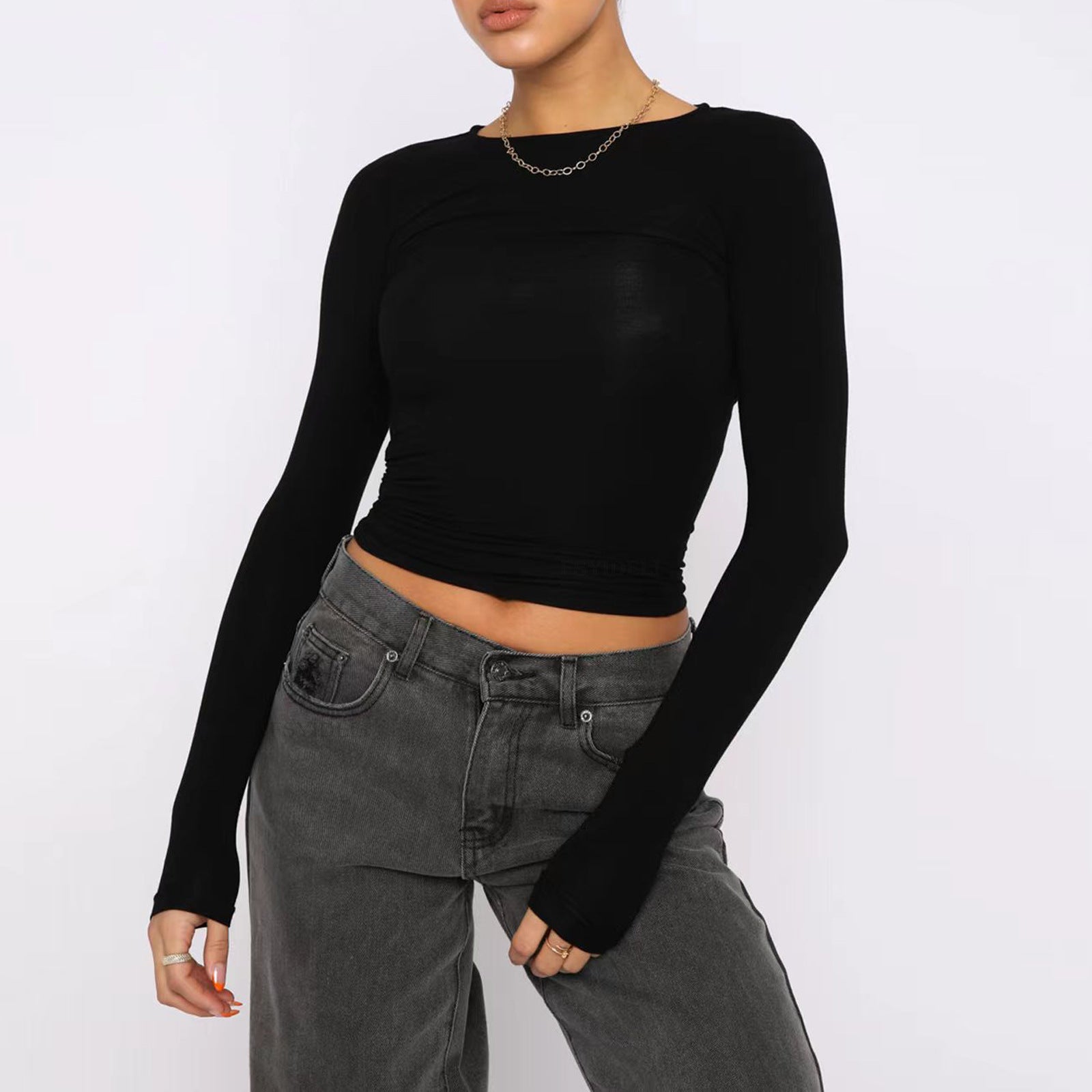 Solid color bottoming round neck slim fit long sleeve top T-shirt