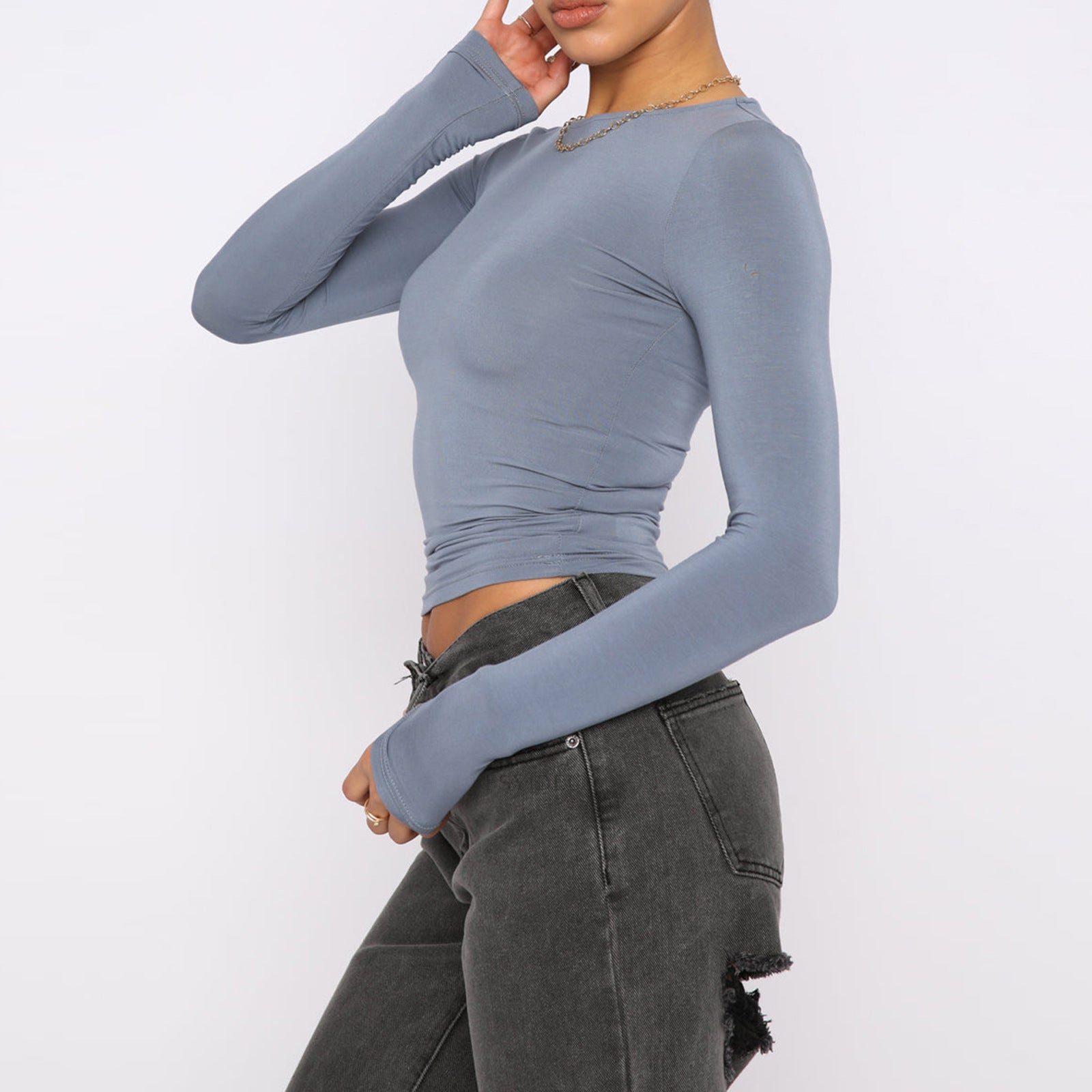 Solid color bottoming round neck slim fit long sleeve top T-shirt