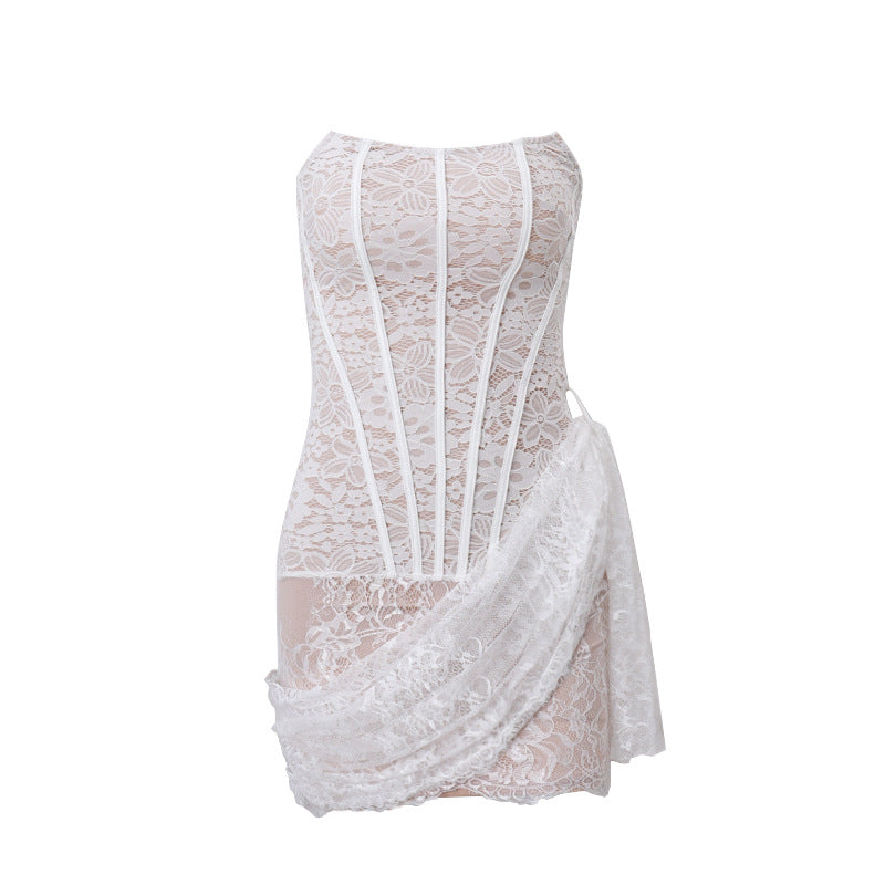 Sexy lace mesh one-shoulder tube top slightly transparent slim dress