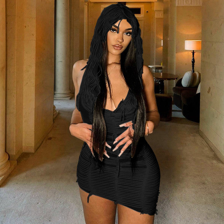 Solid Color Sleeveless Hooded Tassel Slim Short Dress