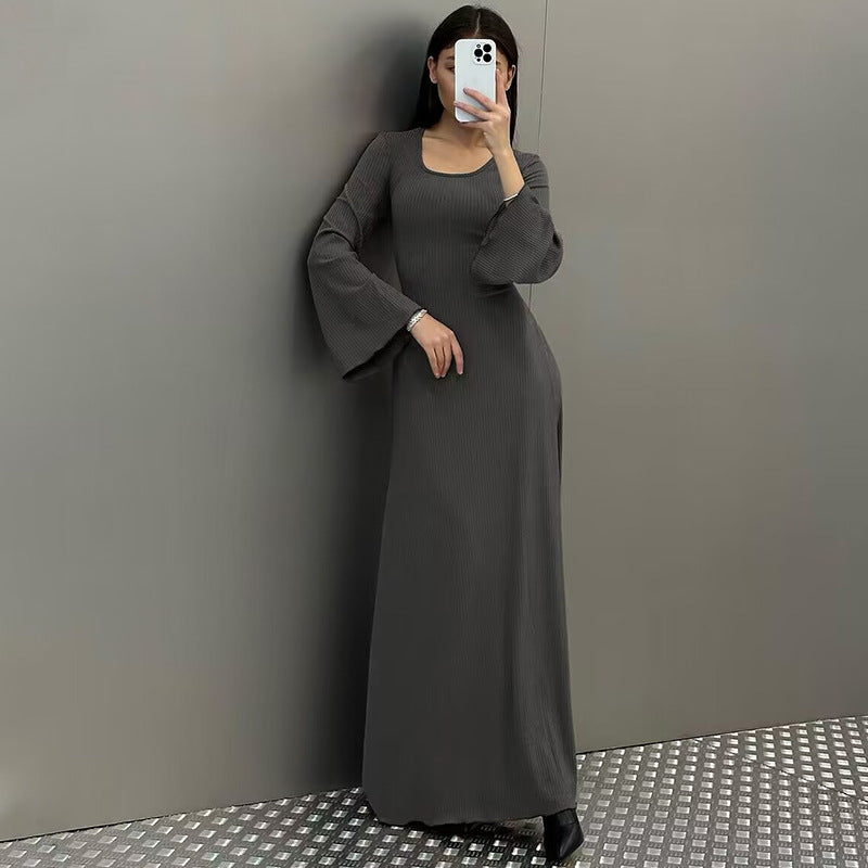 Arabic Loose U-neck Back Tie Long Sleeve Dress