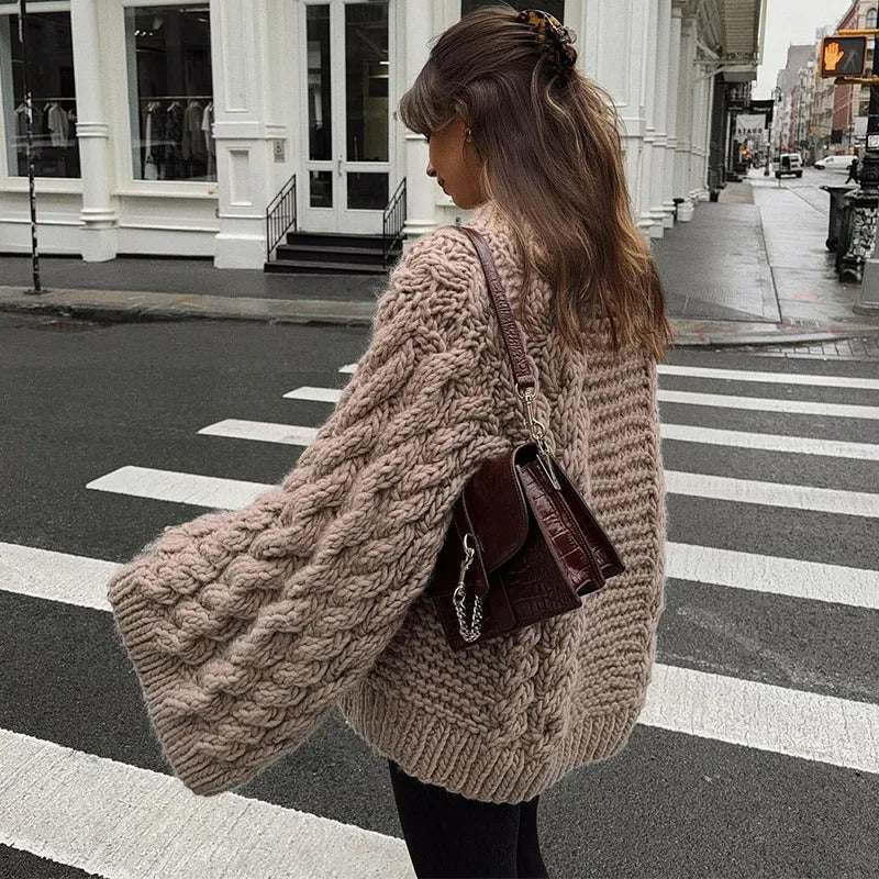 Loose Knit Cable Lantern Sleeve Sweater