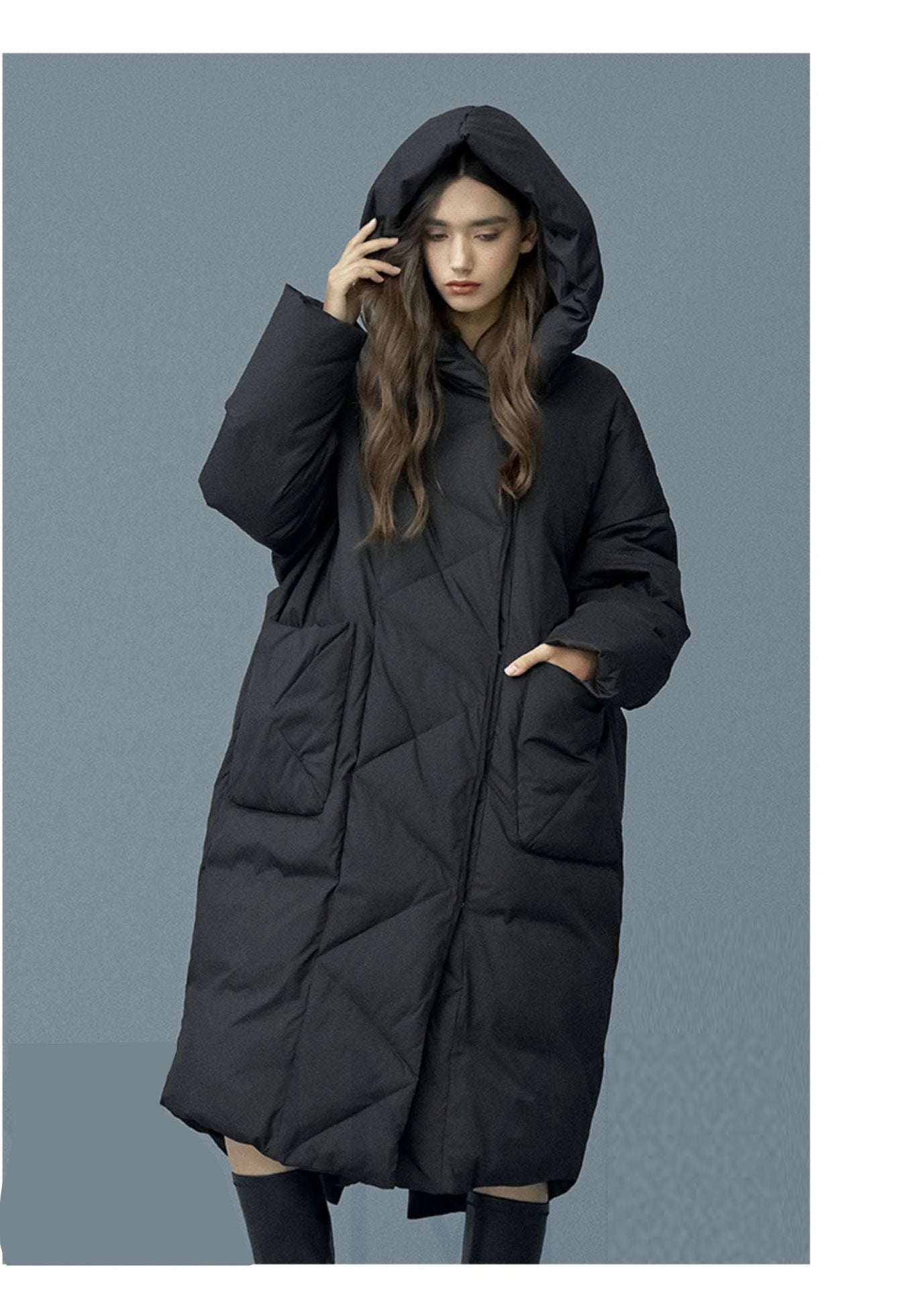 Windproof and waterproof white duck down below the knee warm down jacket