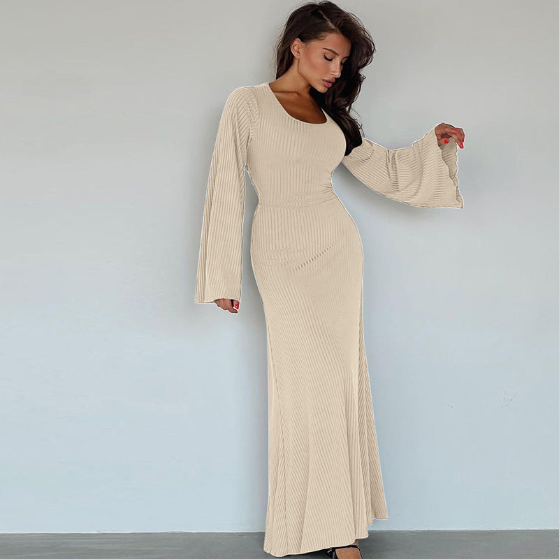 Arabic Loose U-neck Back Tie Long Sleeve Dress
