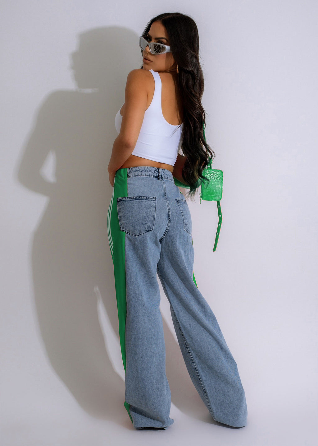 Three-striped wide-leg denim trousers Casual high-waist stretch straight trousers