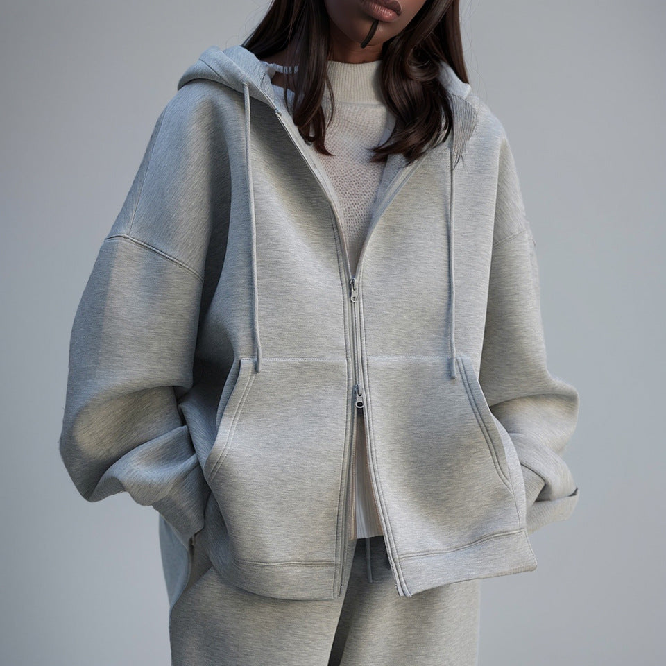 Profile air layer hooded sweatshirt pants casual zipper jacket + drawstring wide leg pants two-piece set