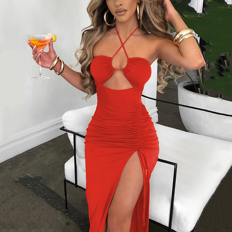High-slit wrinkled halter neck maxi dress