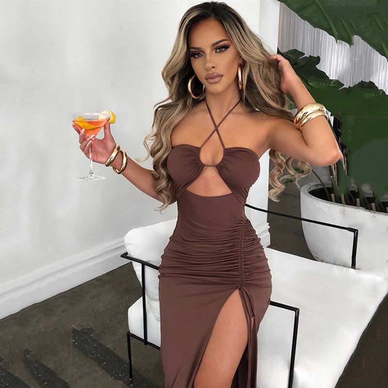 High-slit wrinkled halter neck maxi dress