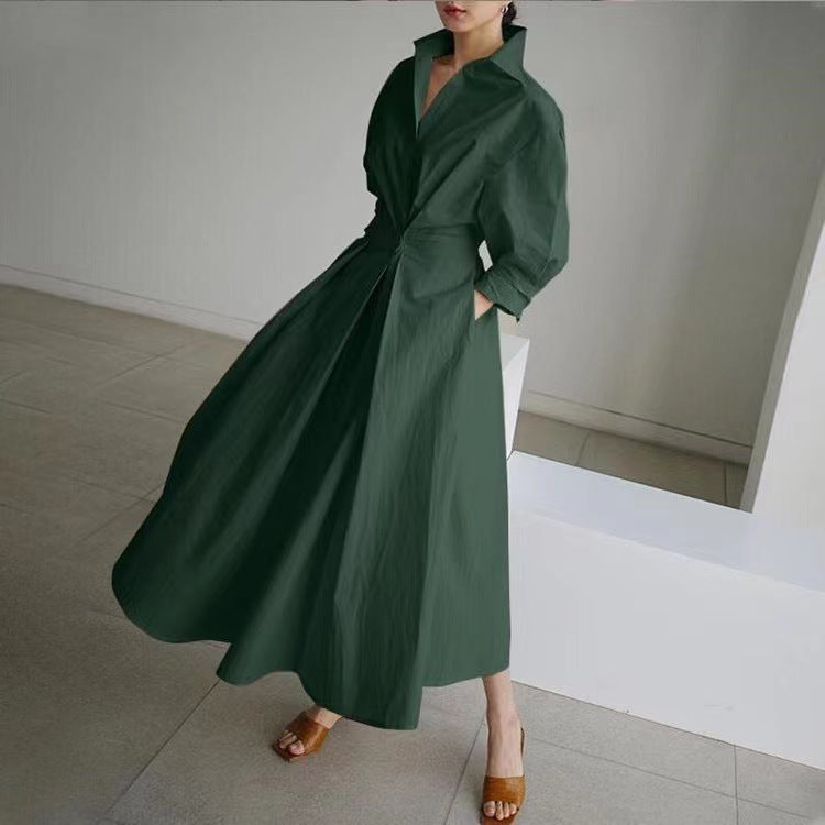 Commuter cotton and linen solid color lapel/POLO collar shirt sleeves elastic waist wide swing dress