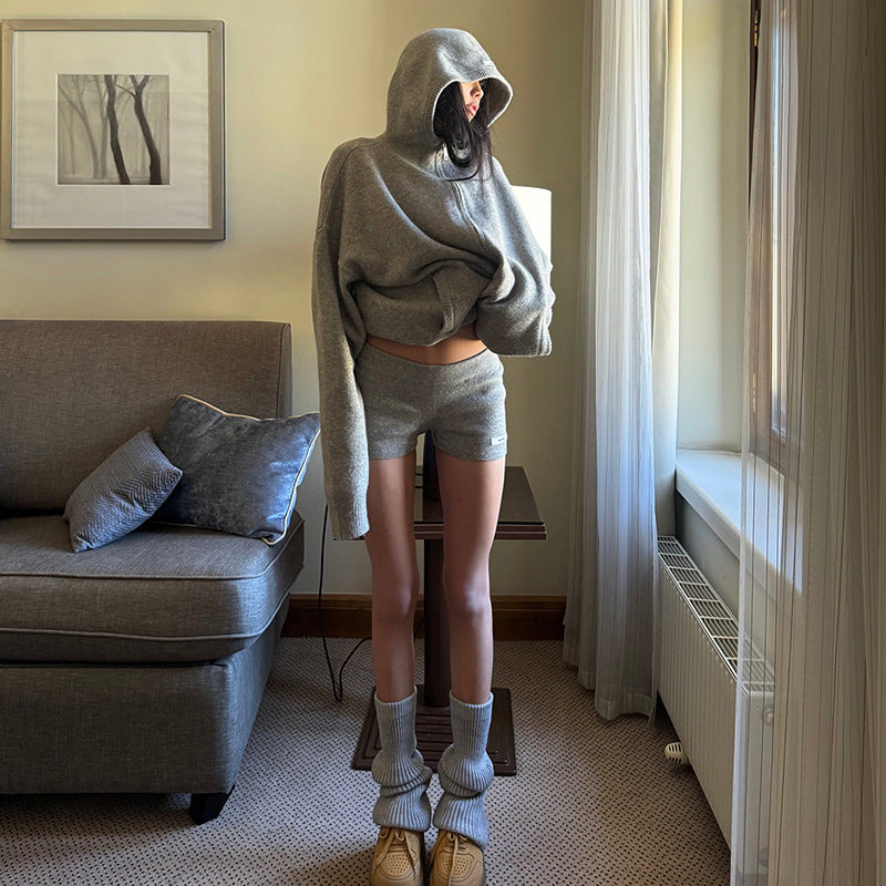 Gray Hooded Autumn and Winter Lazy Style Knitted Cardigan Zipper Set