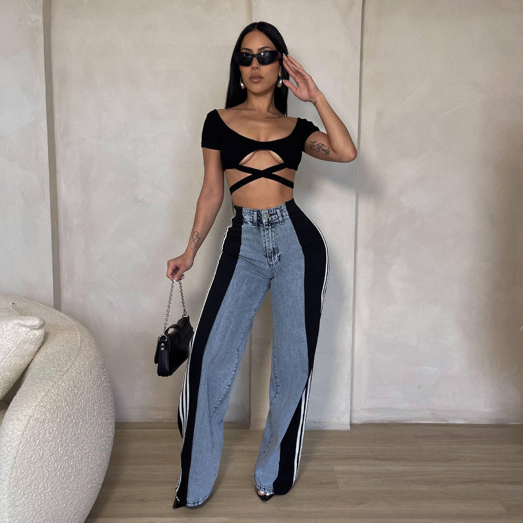 Three-striped wide-leg denim trousers Casual high-waist stretch straight trousers