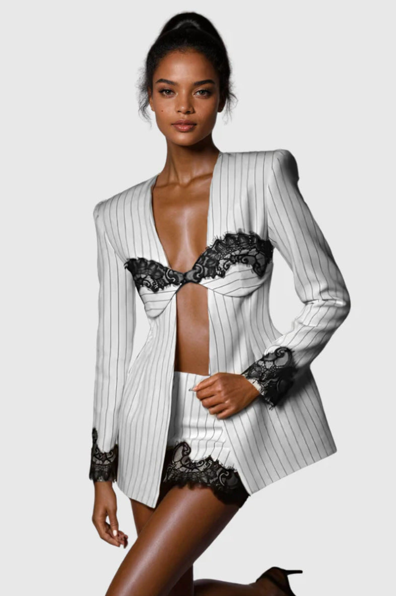 Lace panel striped slim-fit suit jacket