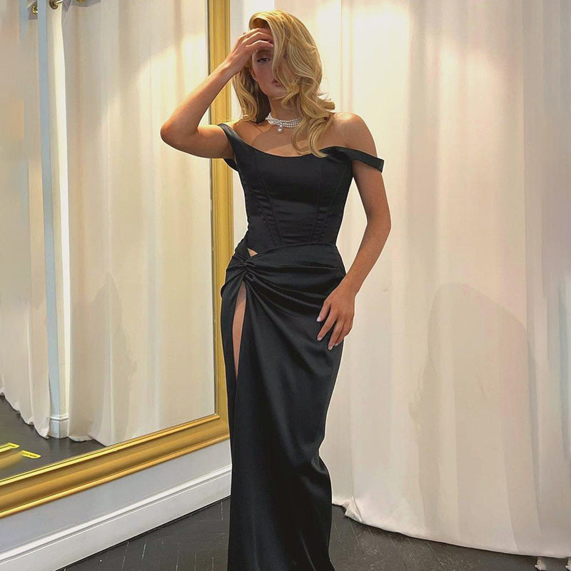 Celebrity style temperament waist twist slit satin long dress