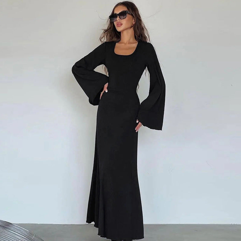 Arabic Loose U-neck Back Tie Long Sleeve Dress