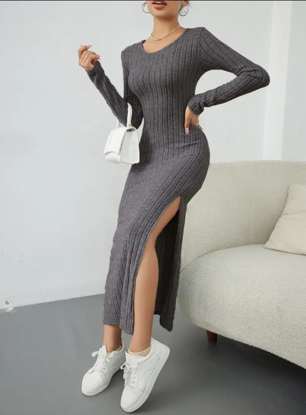 Long Sleeve Round Neck Slit Knit Long Dress