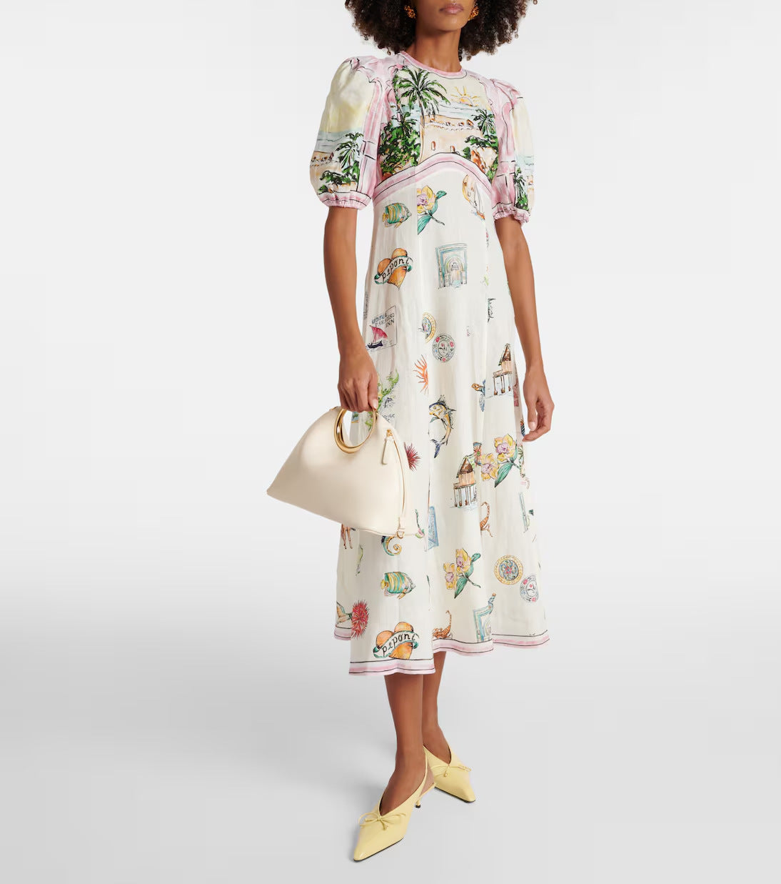 Printed puff sleeves elegant slim-fitting swing dress