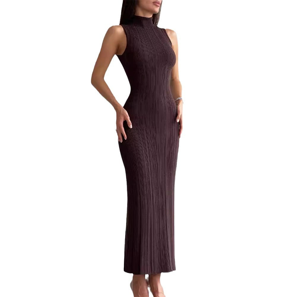 Knitted Turtleneck Sleeveless Bodycon Midi Elegant French Dress