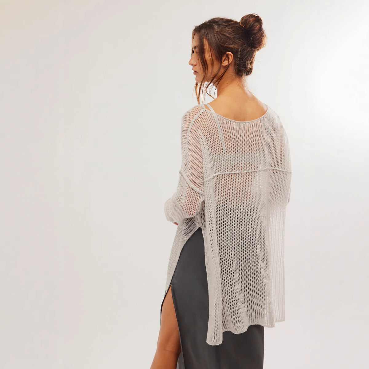 Solid Color Long Sleeve Knitted Holiday Bikini Beach Cover Up