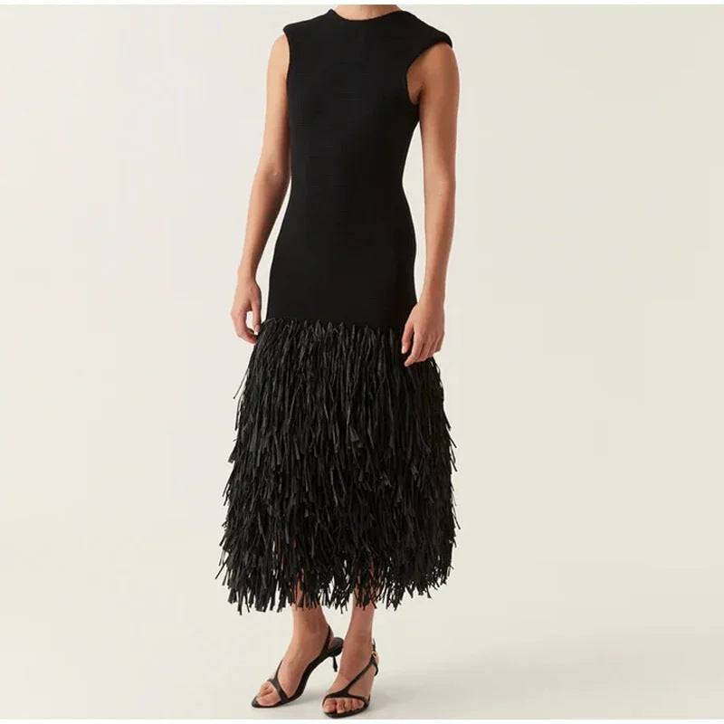 Solid color raffia patchwork knitted midi dress