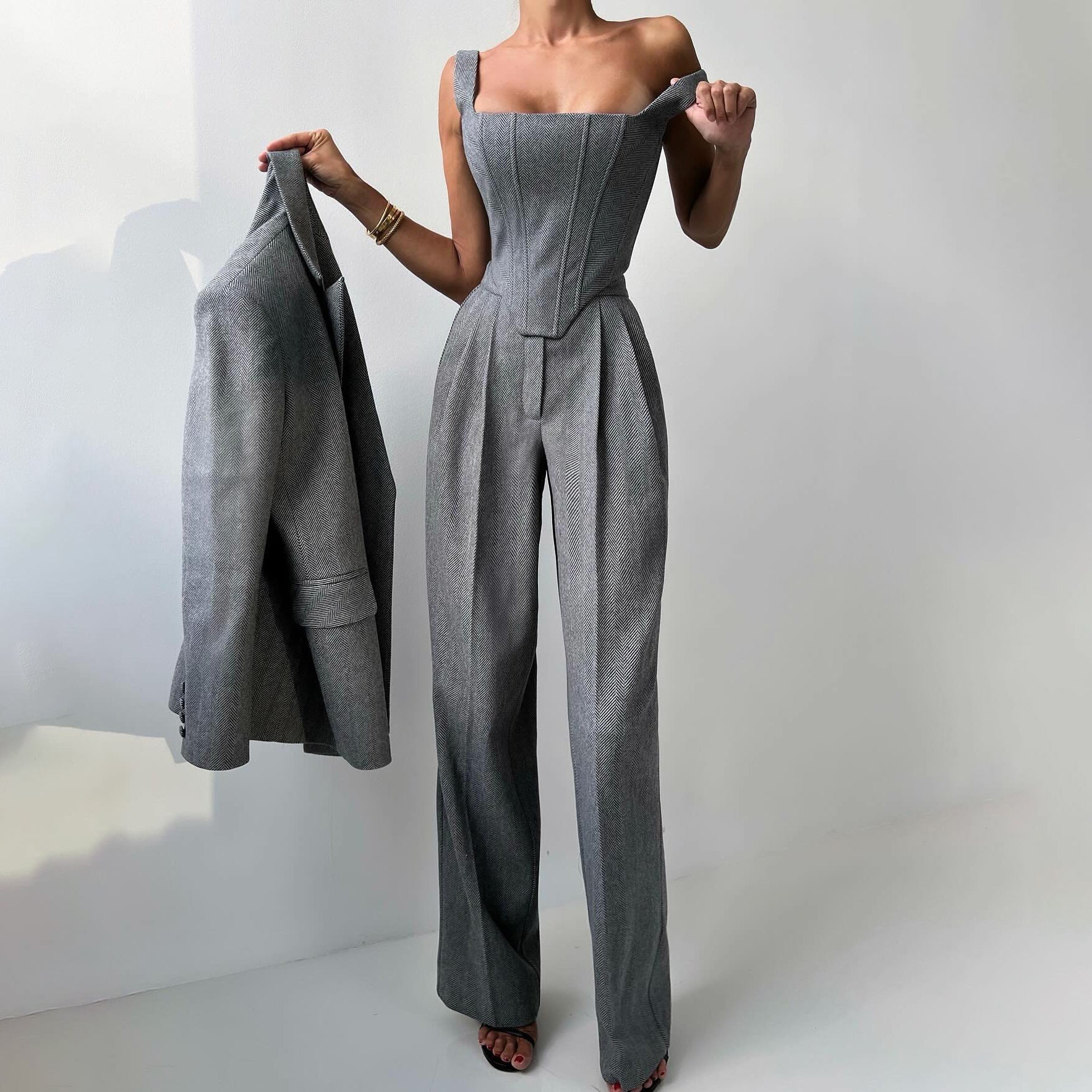 Solid color waisted fishbone straight shoulder suit three-piece suit simple and versatile commuting high waist trousers