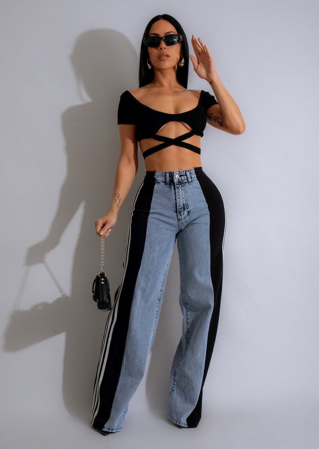 Three-striped wide-leg denim trousers Casual high-waist stretch straight trousers