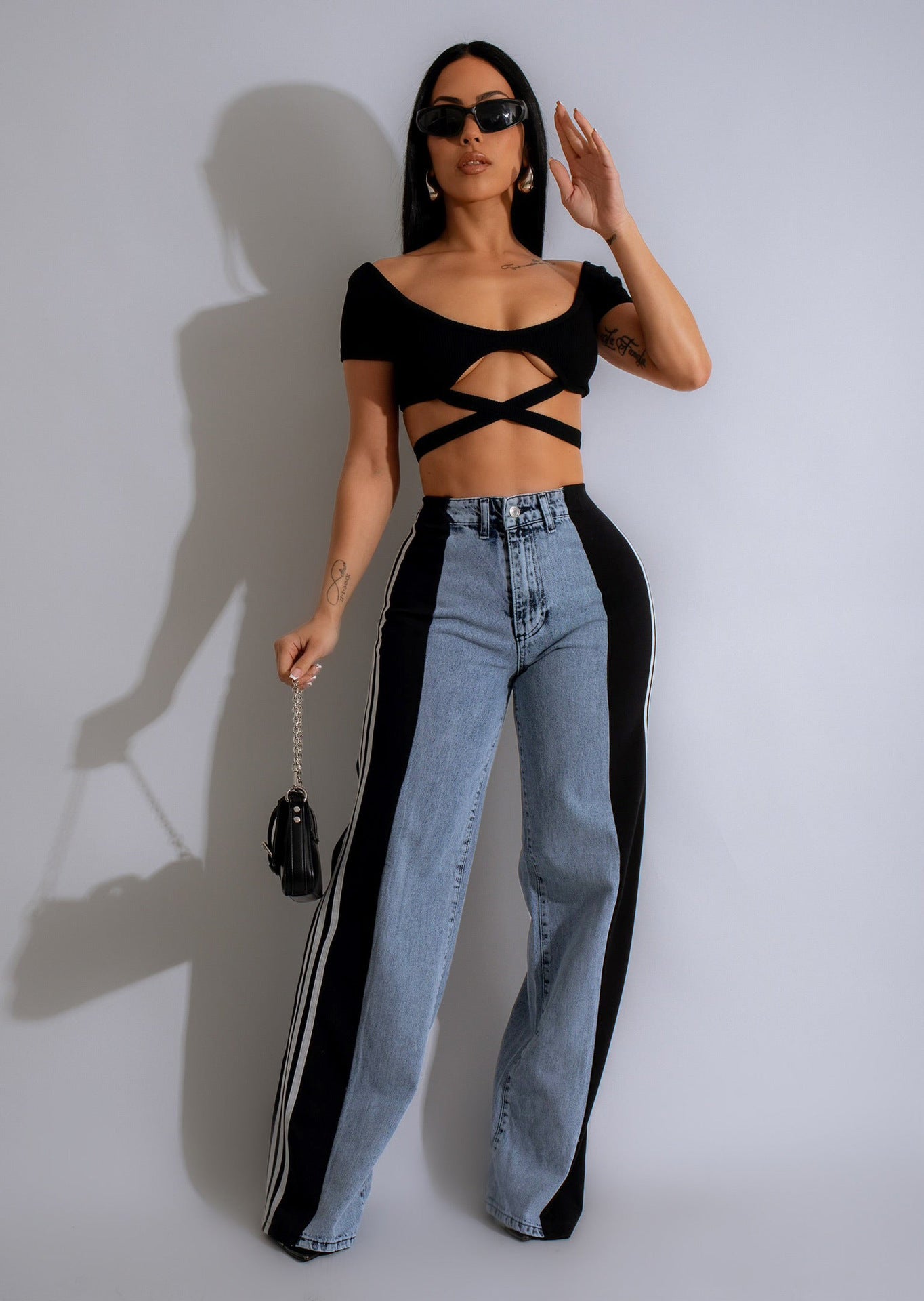 Three-striped wide-leg denim trousers Casual high-waist stretch straight trousers