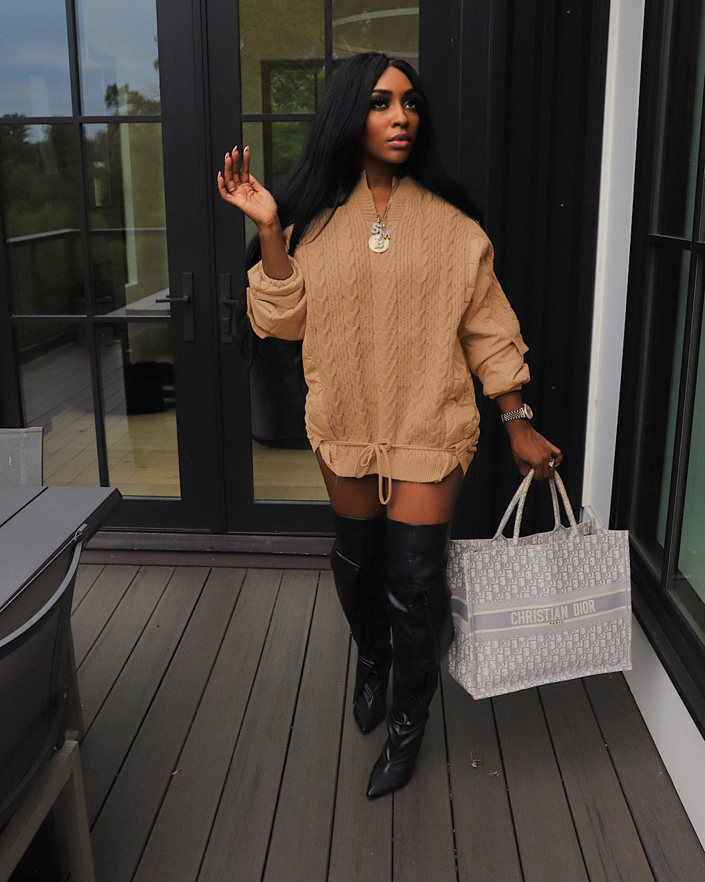 Loose-fitting knitted drawstring cotton jacket