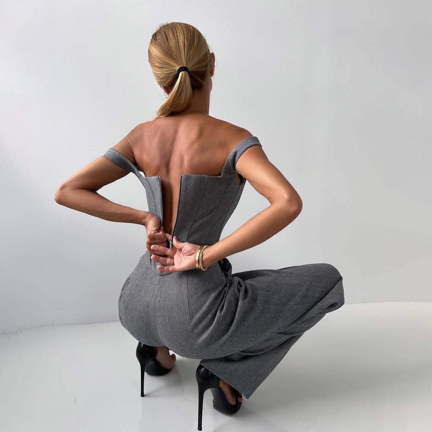 Solid color waisted fishbone straight shoulder suit three-piece suit simple and versatile commuting high waist trousers