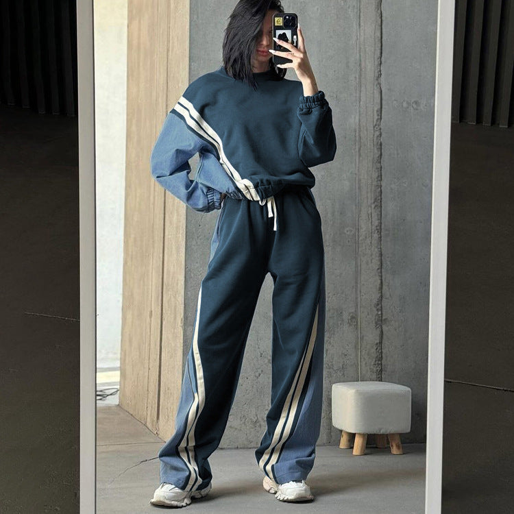 Sporty style contrast color striped sweatshirt pullover top drawstring trousers two-piece set