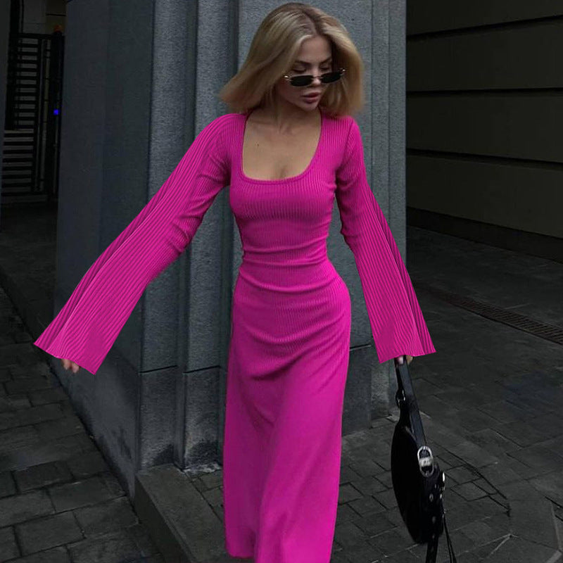 Arabic Loose U-neck Back Tie Long Sleeve Dress