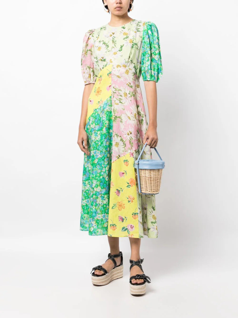 Printed puff sleeves elegant slim-fitting swing dress