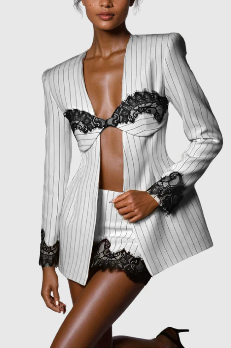 Lace panel striped slim-fit suit jacket