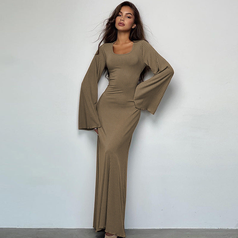 Arabic Loose U-neck Back Tie Long Sleeve Dress