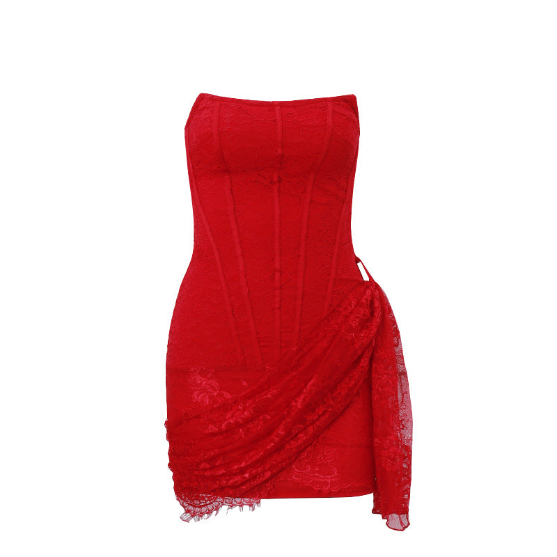 Sexy lace mesh one-shoulder tube top slightly transparent slim dress