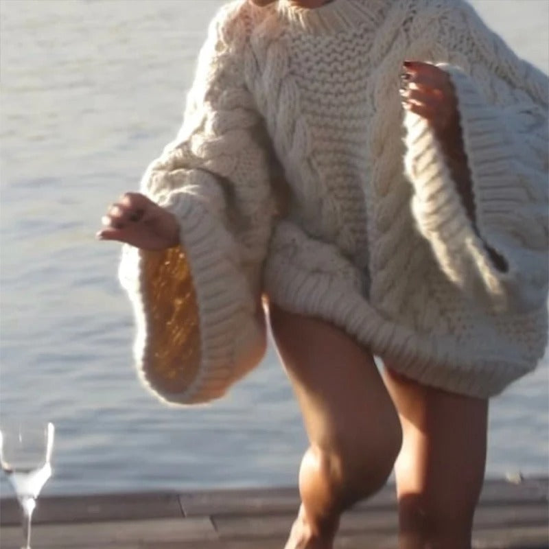 Loose Knit Cable Lantern Sleeve Sweater