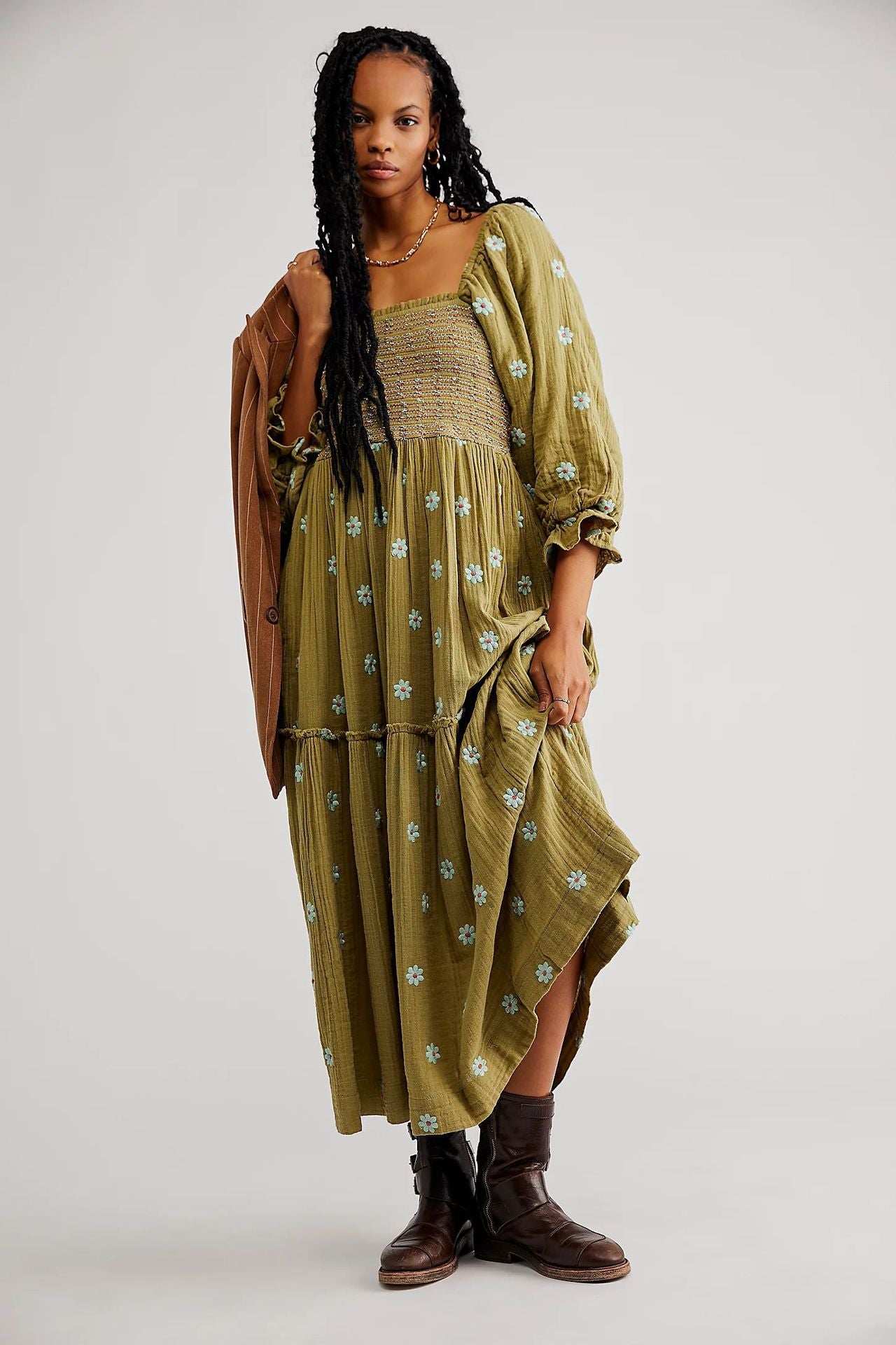 Trumpet sleeve embroidered square neck sunflower swing dress