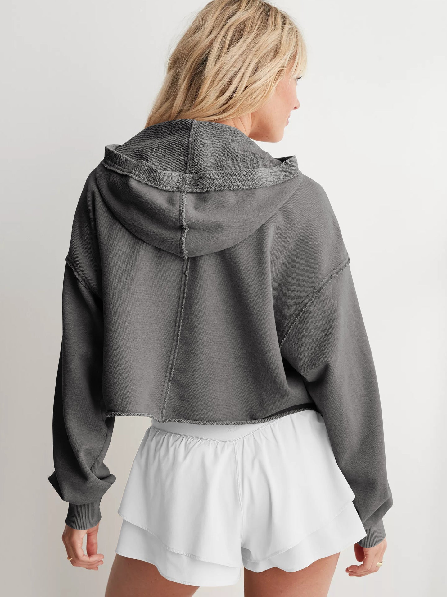 Hooded Half-Open Collar Solid Color Loose Sweatshirt