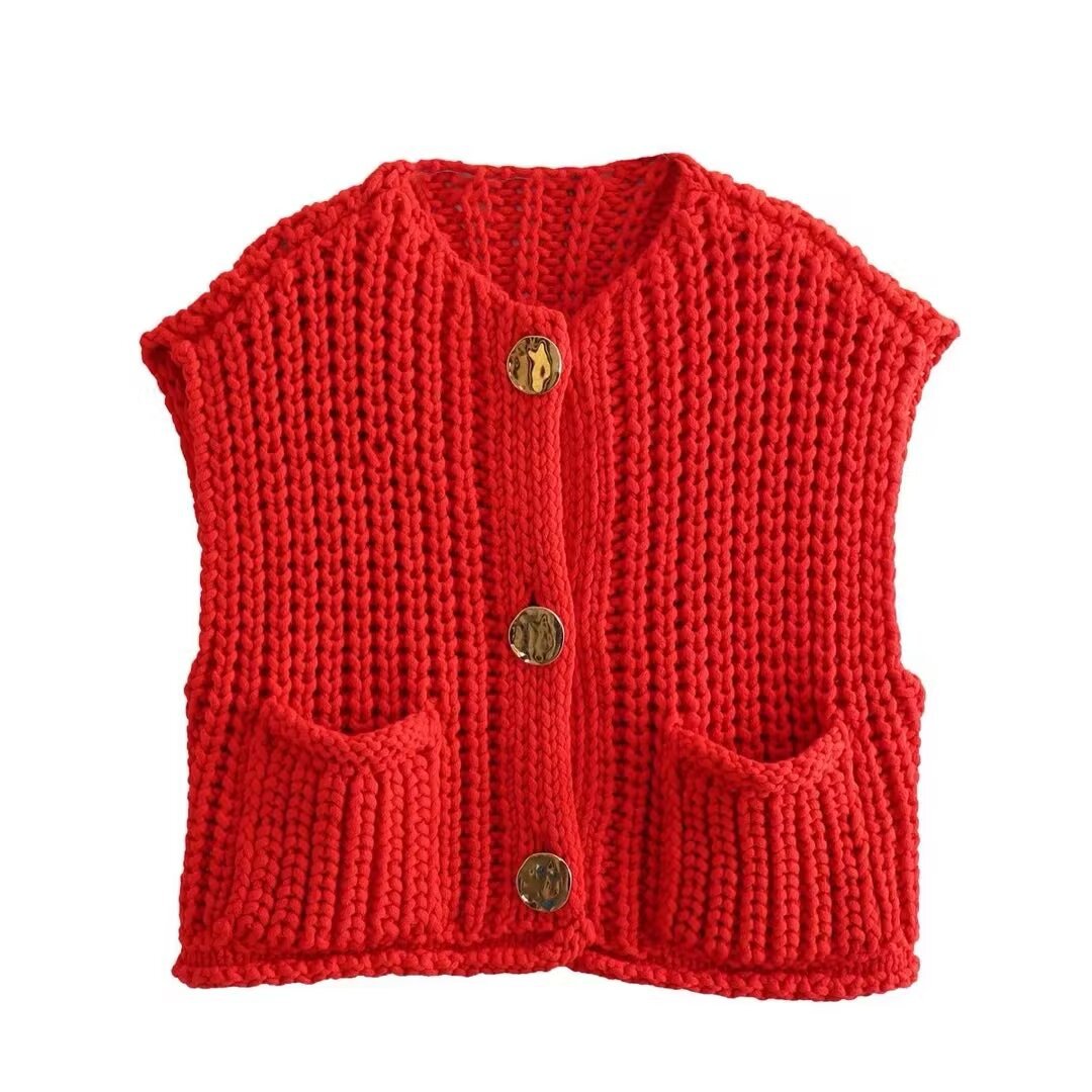 Spring autumn women's clothing pocket sleeveless short knitted cardigan Vest