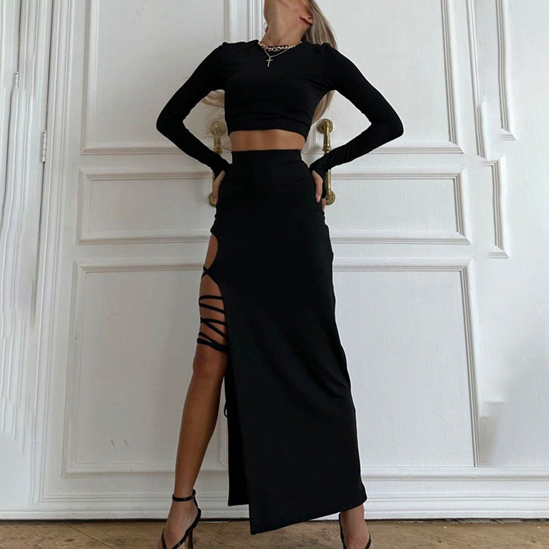 Solid Color Long Sleeve Round Neck Top Slim Fit Tie Skirt Set
