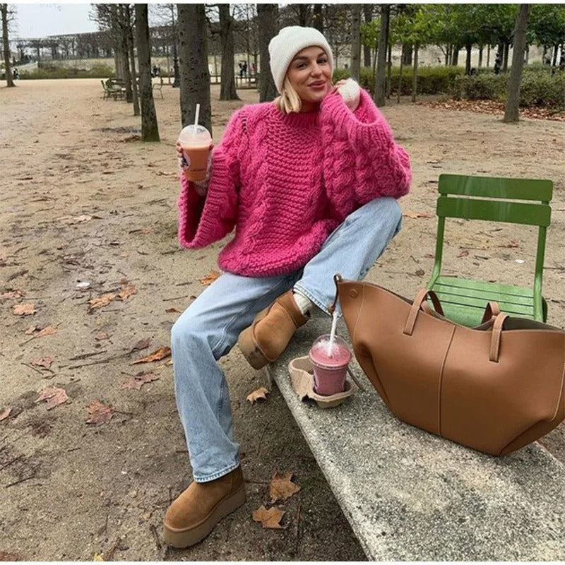 Loose Knit Cable Lantern Sleeve Sweater
