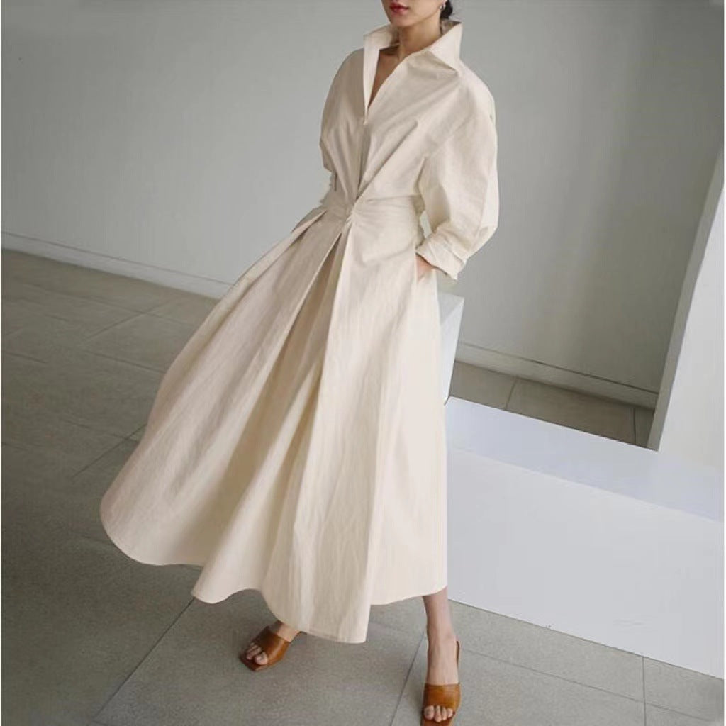Commuter cotton and linen solid color lapel/POLO collar shirt sleeves elastic waist wide swing dress