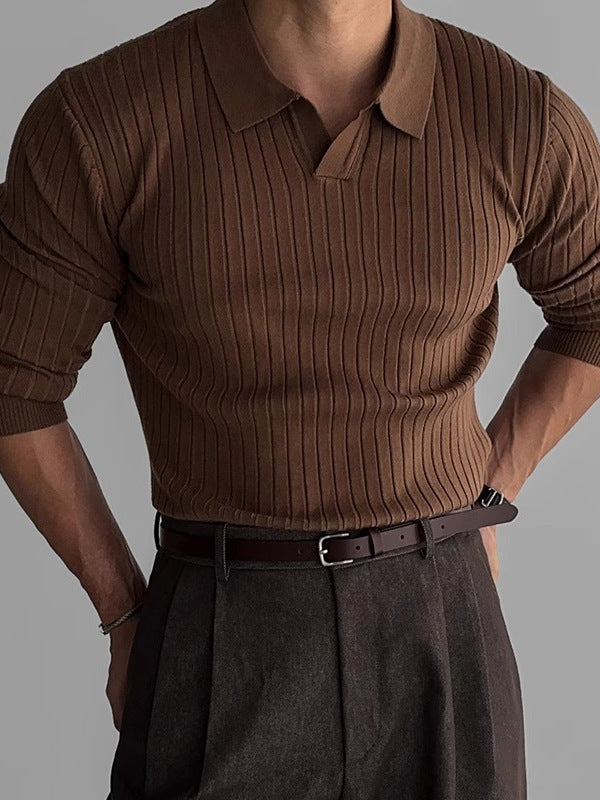 Spring autumn high-end men's clothing solid color thread elastic lapel pullover slim fit knitted T-shirt