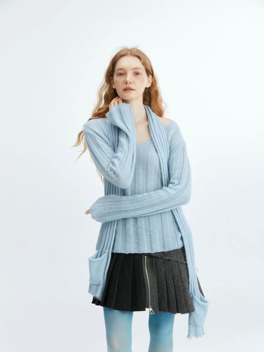 Striped ribbed knitted scarf sweater two-piece set