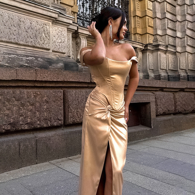 Celebrity style temperament waist twist slit satin long dress