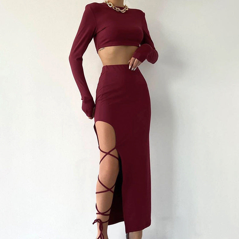 Solid Color Long Sleeve Round Neck Top Slim Fit Tie Skirt Set