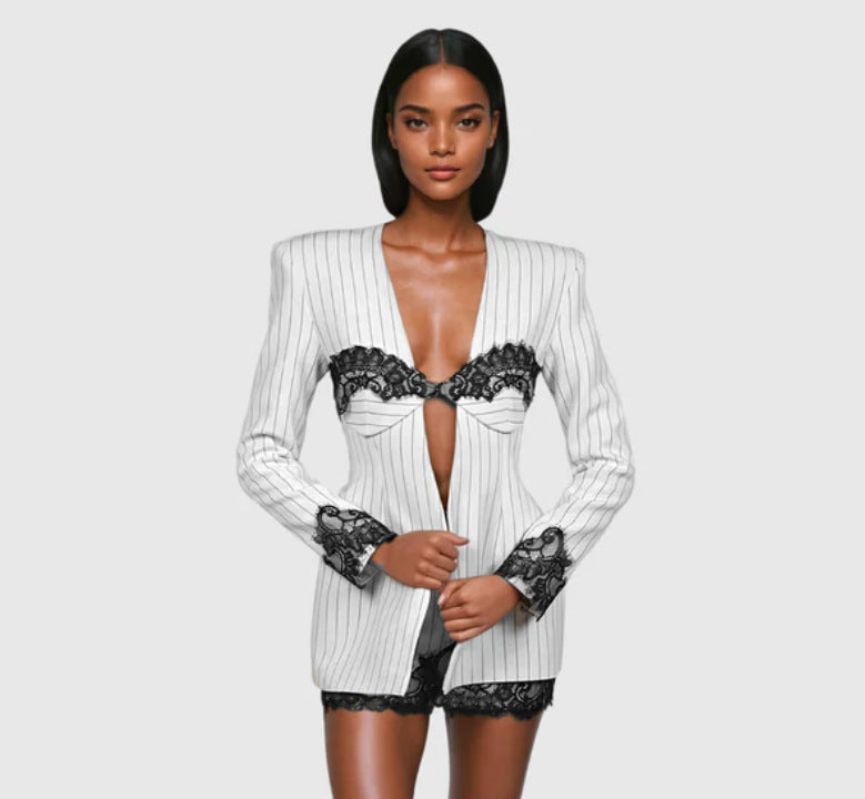 Lace panel striped slim-fit suit jacket